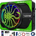 2026 Upgraded 10" 1600W Slim Under Seat Car Subwoofer with Built-in Amp & LED Ambient Lights - Low Profile Bass Sub for Car Audio Individual Controls (LPF/Gain/Bass Boost) High Output Distortion-Free