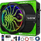 2026 Upgraded 10" 1600W Slim Under Seat Car Subwoofer with Built-in Amp & LED Ambient Lights - Low Profile Bass Sub for Car Audio Individual Controls (LPF/Gain/Bass Boost) High Output Distortion-Free
