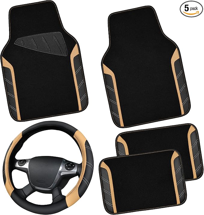 Microfiber Steering Wheel Cover and Waterproof Car Floor Mats,Leather Universal Car Combo Fit for 95% Truck,SUV,Cars,14.5-15inch Sporty Anti-Slip Safety Comfortable Design(Black and Beige)