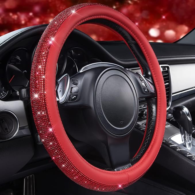 Bling Diamond Leather Steering Wheel Cover, with Bling Sparkly Crystal Glitter Rhinestones Universal Fit 14" 1/2-15" Car Wheel Protect for Women Girl Fit Suvs,Vans,Sedans,Cars,Trucks, Red