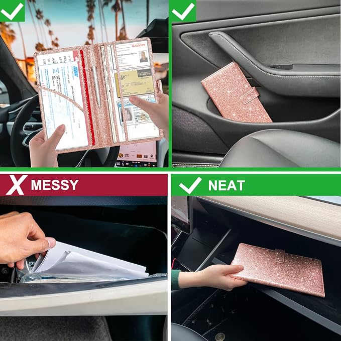 Car Registration & Insurance Holder, Vehicle Glove Box Organizer, Cool Accessories for ID, Driver License Cards & Essential Documents, Glitter Rose Gold