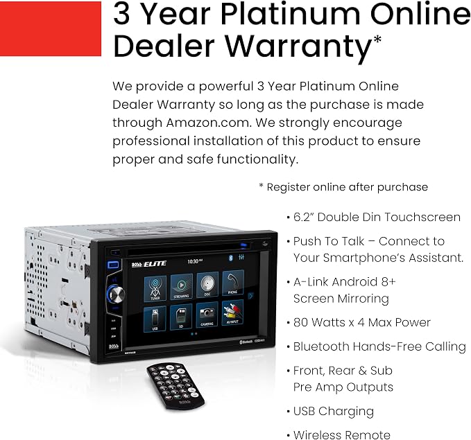 Elite BV755B Car Stereo System - 6.2 Inch Double Din Touchscreen, Bluetooth Head Unit, AM/FM Radio Receiver, CD Player, USB, SD, Aux In, Hook Up To Amplifier