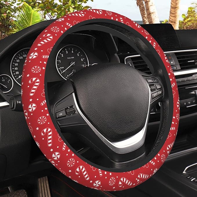 Christmas Candy Cane Car Steering Wheel Cover, Non-Slip Absorbing Sweat Car Wheel Cover Accessories for Men Women,Universal 15" Fit Auto SUV Vans Trucks