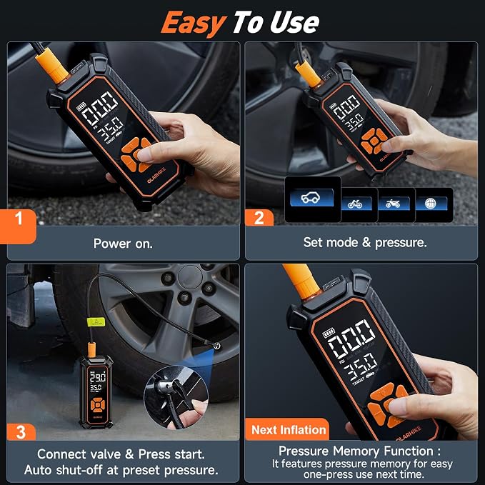 Tire Inflator Portable Air Compressor, Dual Power - 6000mAh & 12V DC, Cordless Air Pump for Car Tires, Bikes, Motorcycle, Balls with LED & Digital Pressure Gauge, Auto Shut-off