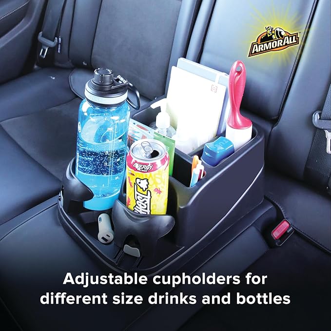 Car Console Organizer, Car Seat Organizer with 2 Adjustable Cup Holders, 3 Large Storage Compartments, Seatbelt for Secure Hold, Vehicle Middle Seat Organizer for Cars, Trucks, Minivans