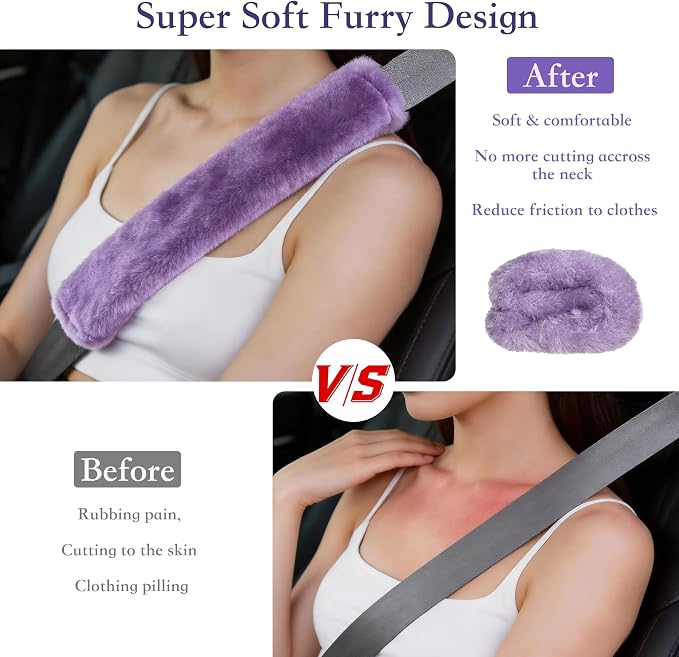 Soft Faux Fur Universal Fit Seatbelt Cover Car Truck SUV Airplane Seat Belt Shoulder Pad for Carmera Backpack Straps Neck Cushion Protector 2 Pack 10.5in Light Lavender