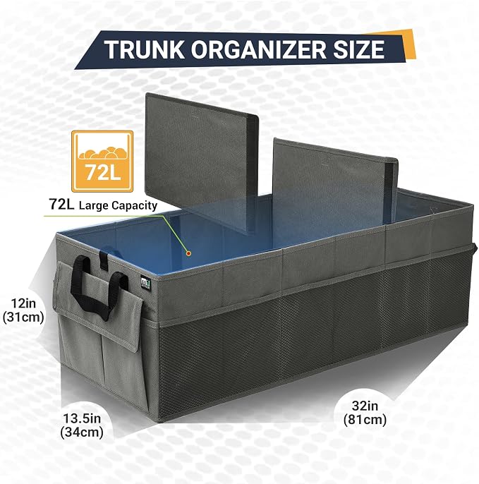 Trunk Organizer for Car, 12 Pockets Sturdy Car Organizer for SUV, Non-Slip Bottom, Folded Trunk Storage Organizer for Sedans, Van, Jeep, Grocery, Large 3 Compartments, Dark Gray 32"×13"×10"
