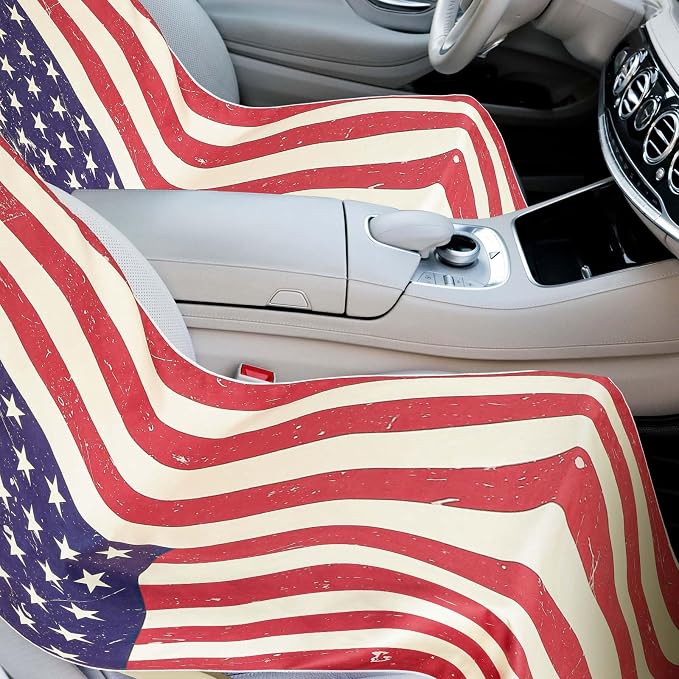 Car Seat Towel Covers with Storage Bag, 63 x 32 Inch Universal Non Slip Waterproof Sweat Protector for Car Truck, Gym Swimming Running, Machine Washable(2 Pack,American Flag)