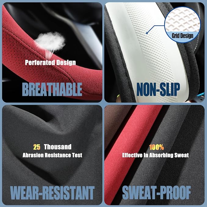 Red Suede Steering Wheel Cover, Breathable Non-Slip Sweat-Proof Wear-Resistant No Pilling, Warm in Winter and Cool in Summer, Universal 15 inch