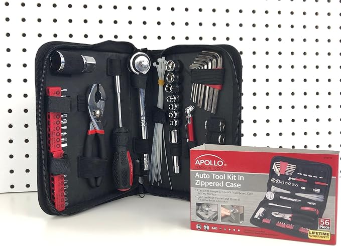 56 Piece Compact Metric Auto Tool Set in Zippered Case, Small Mechanic Tool Set for Car Emergency, Motorcycle Repair on the Road, Great for Travel Tool Needs - Red - DT9775