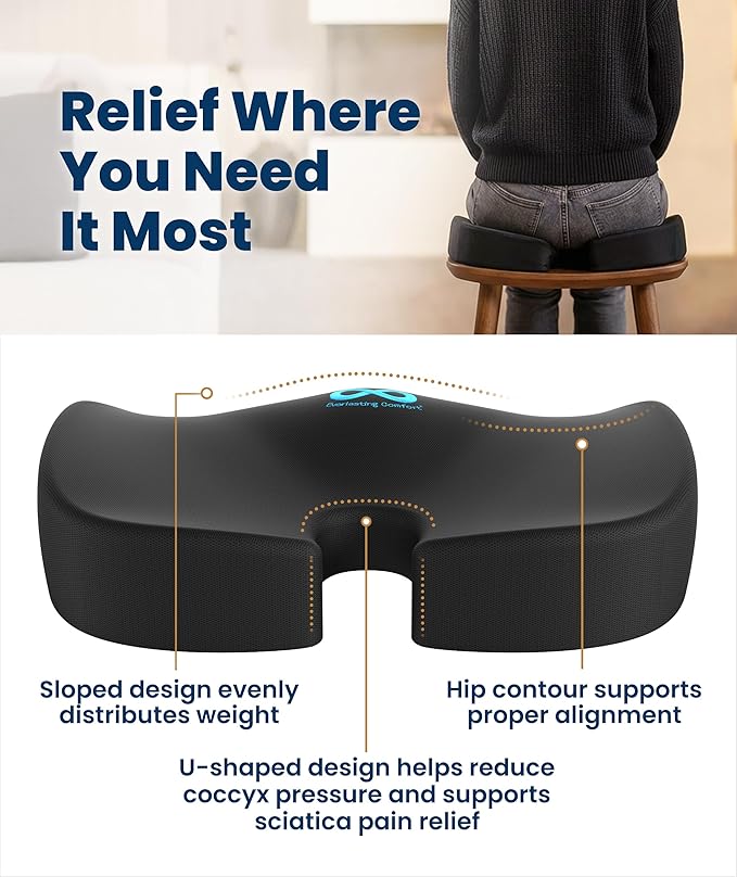 Doctor Recommended Memory Foam Seat Cushion for Office Chairs & Car - Ergonomic Office Desk Accessories - Cushions for Tailbone Pain Relief, Sciatica (Black, Large)