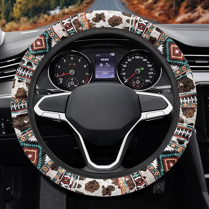 Car Steering Wheel Cover 15 Inch Universal Breathable Soft Anti-Slip Auto Accessories Steering Wheel Protector Fit for Most Vehicles, Aztec Geometric Cow Print