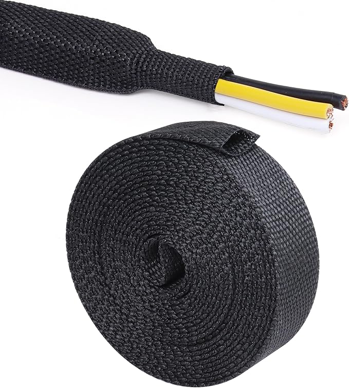 Braided Heat Shrink Tubing Black 2 in 1 Automotive Shrinkable Cloth Wire Loom Hose Cover Management Protector (1/2"-15ft)