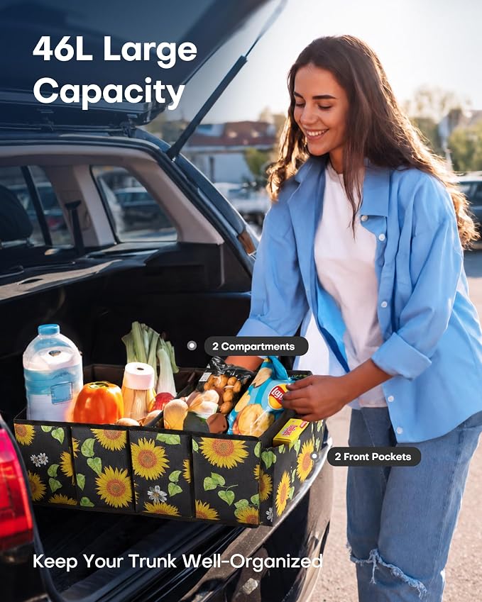 Trunk Organizer - Car Organizer, Foldable Trunk organizer for SUVs & Sedans, Sturdy Car Organization for Car Accessories, Tools, Sundries, Sunflower, 2 Compartments, 21.3"×12.6"×10.6"