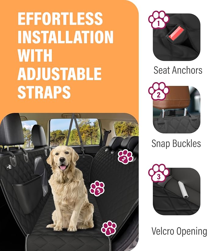 Dog Car Seat Cover for Back Seat, Waterproof Pet Protection Hammock, SUV Truck Car Backseat Protector with Safety Features, XL, Black
