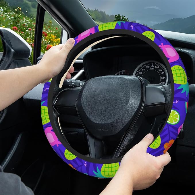 Tropical Flamingo Steering Wheel Covers Hibiscus Fruit Universal 15 Inch Car Wheel Cover,Anti-Slip Breathable Car Accessories Protector Fit for Trucks,Sedans,SUVs,Vans