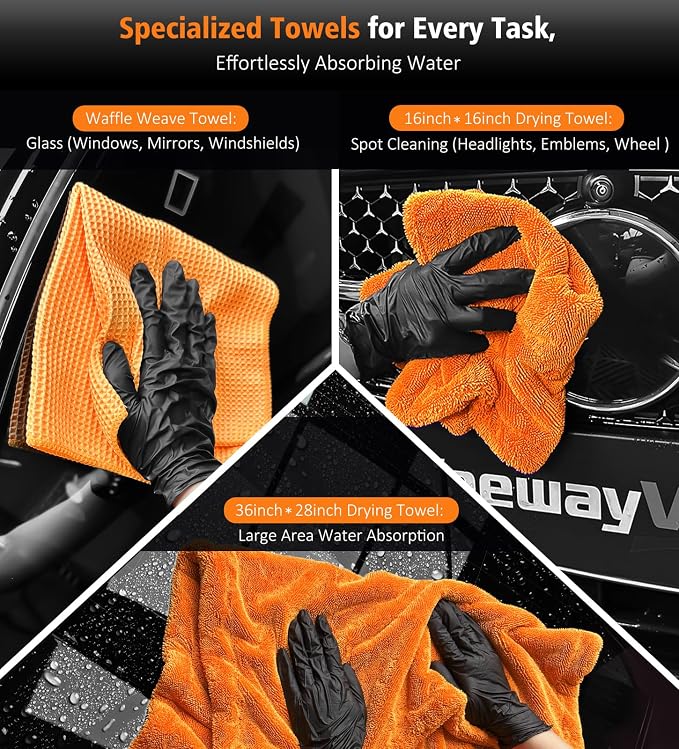 3 Pack Car Drying Towel, 24" x 36" Double Twisted Loop Car Drying Towels Extra Large, 16" x 16" Edgeless Microfiber Drying Towel and Absorbent Waffle Weave Towels for Cars Truck SUV, Orange