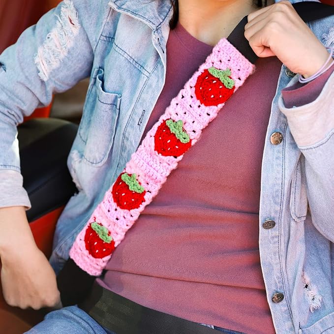 Crochet Steering Wheel Cover Set,Cute Car Steering Wheel Cover Boho 14-15in,Pink Strawberry Granny Square Pattern,Women Car Accessories (Wheel Cover Set)