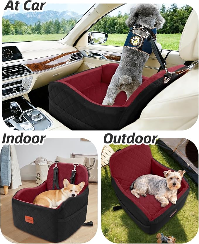 Dog Booster Car Seat for Small/Medium Dogs,Puppy Portable Car Bed with Elevated Cushion,Fully Detachable and Washable,2 Storage Pockets,Easy to Install (Blakc/Red, Medium)