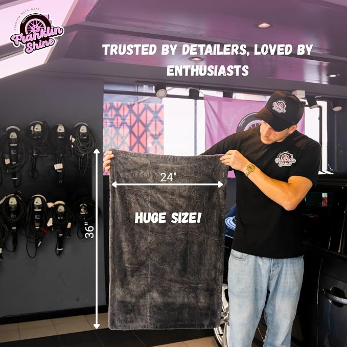 Franklin Shine Microfiber Car Drying Towel 24"x36" Extra Large - 1400 GSM Double Twisted Loop, Ultra Absorbent, Streak-Free, Edgeless & Scratch-Free, Professional Car Detailing Towel, Arizona XL