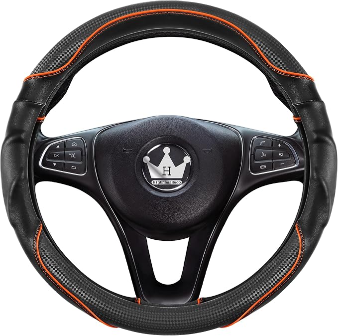 3D Car Steering Wheel Cover Comfort Grip Massage Sporty Anti-Slip Carbon Fiber Faux Leather for Sedan SUV, Universal Fit, Car Handle Covers for All Seasons, 14.75-15.15in, Orange