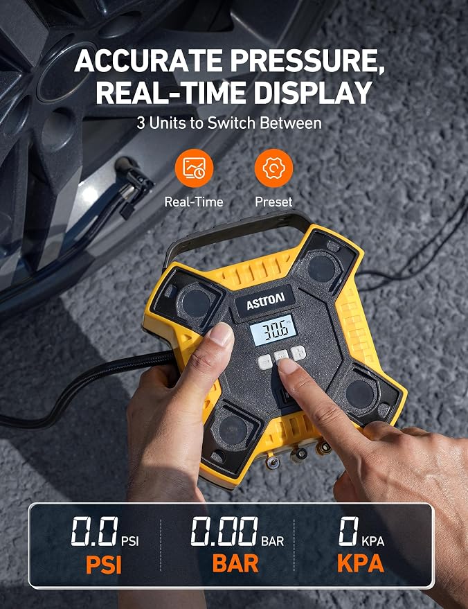 Tire Inflator PortableAir Compressor 160PSI, 12V DC (NO AC) 10Ft Cord with Integrated Metal Structure, LED Light Air Pump for Car Tires, Bicycles, Motorcycles and Other Inflatables(Yellow)