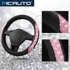 Steering Wheel Cover, Hot Pink Sparkly Crystal Bling Glitter with Leather, Universal Fit 14.5"-15.5" Car Steering Wheels for Girls & Women, Anti-Slip Wheels Cover for Cars, Trucks, Van, SUVs
