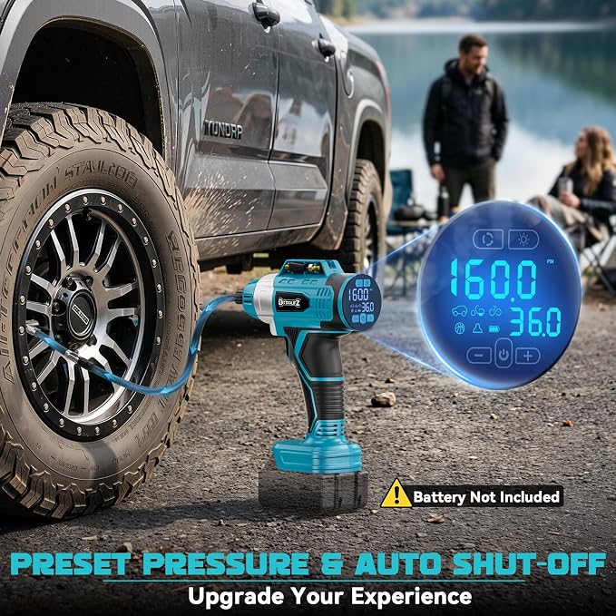 160PSI Cordless Tire Inflator Compatible with Makita 18V Battery, DC 12V Portable Air Compressor with Digital Pressure Gauge, 2X Faster Air Pump for Car, SUVs, Motor, Bike, Ball (Tool Only)