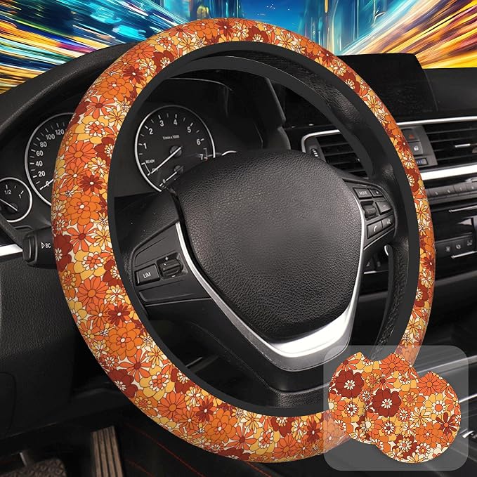 Boho Orange Flowers Steering Wheel Cover with 2 Pcs Car Coasters Neoprene Steering Wheel Cover for Women Men Anti-Slip Breathable Car Accessories Universal 15 Inch Fit Auto Cars Trucks