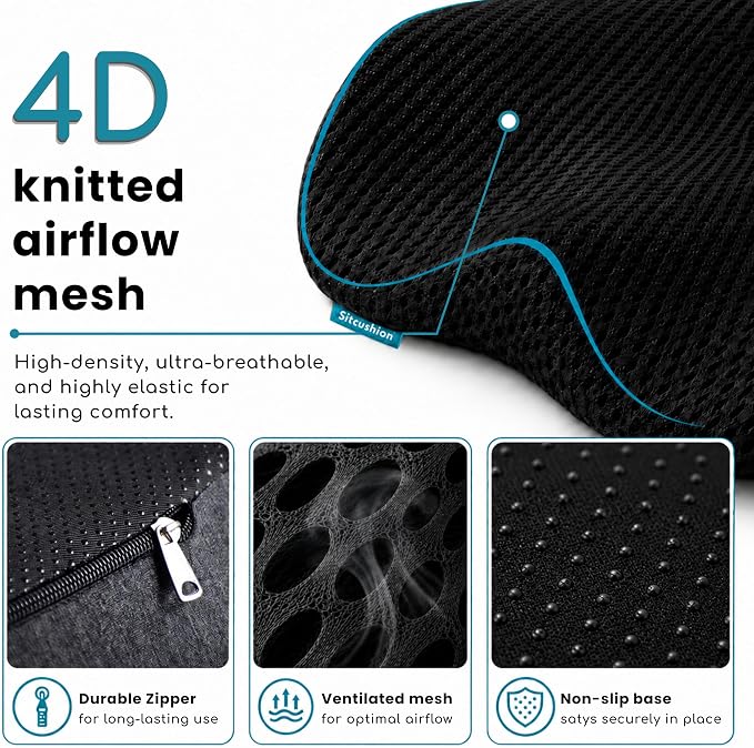 Car Seat Cushion for Long Driving – X Large Memory Foam Seat Cushion with Breathable 4D Mesh Cover, Sciatica & Tailbone Pain Relief, Orthopedic Coccyx Cushion for Car, Truck (Black)