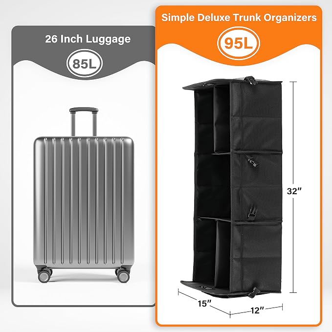 Car Trunk Organizer, Multi Compartments Collapsible Trunk Storage, Anti-slip, Waterproof 600D Oxford Polyester, with Adjustable Straps for SUV, Minivan, Truck, Large Size, Black