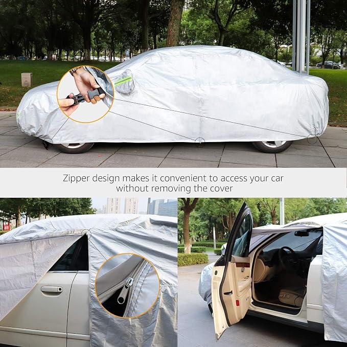 Car Cover 196"×78"×59" Waterproof All-Weather Sedan Cover Outdoor Indoor with Zipper Door & Windproof Straps | UV Snow Dust Protection Fit for Toyota Camry Honda Accord Kia K5 Altima