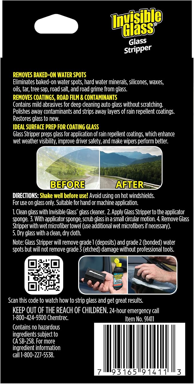 91411 Glass Stripper – Hard Water Spot Remover – Strips Coatings, Waxes, Oils & Road Film – Preps Windshields for Rain Repellent & Ceramic Coating, 4 Fl Oz (Pack of 2)