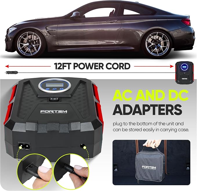 Tire Inflator Portable Air Compressor, Air Pump for Car Tires and Bikes, Car Tire Pump w/Auto Shut Off, 150 PSI, 110V AC 12V DC, LED Light, Carrying Case, Perfect for Men, Women