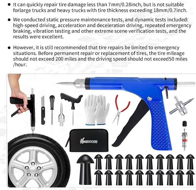 Tubeless Tire Gun Puncture Repair Kit with 50 Mushroom Plugs, for Tire Punctures and Flats on Cars, ATV, Trucks, Motorcycles & Tractors,Quick Repair, Airtight Seal（Blue）
