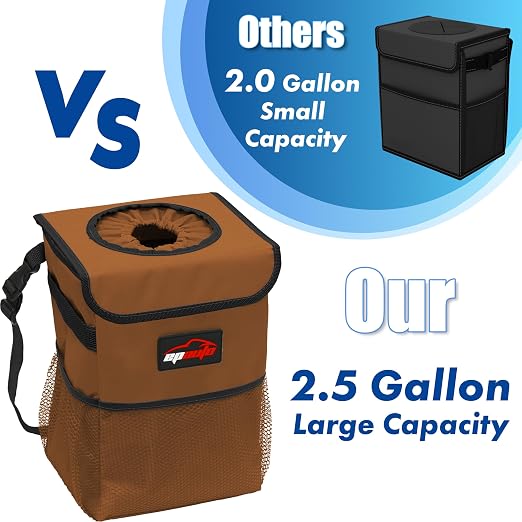 Waterproof Car Trash Can with Lid and Pockets, 2.5 Gal, Brown | Leakproof, Collapsible Multipurpose Car Bin with 3 Side Storage Pockets, Adjustable Straps