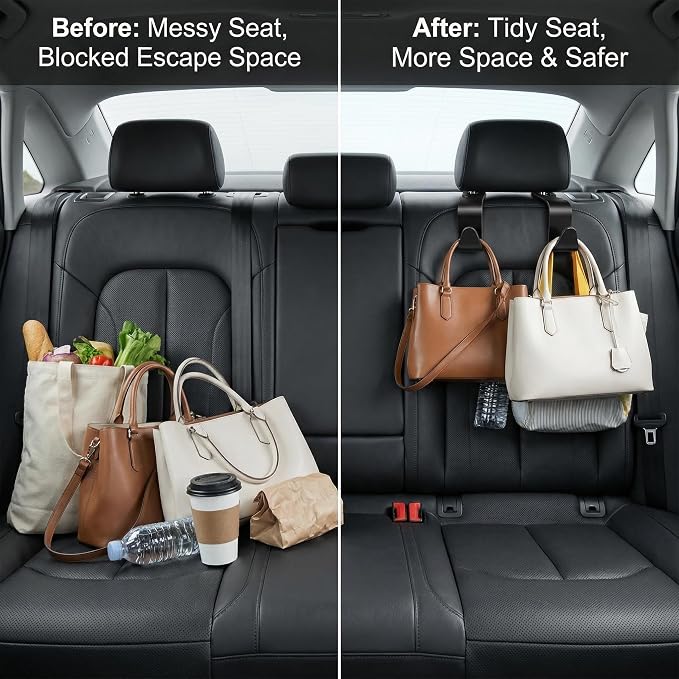 Car Headrest Hooks – 4-Pack Black, 13 lbs Capacity | Hang purses, coats, umbrellas & grocery bags. Universal fit for most headrests. ABS design keeps car tidy & clutter‑free.
