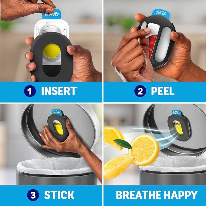 Trash Odor Fighter, Trash Can Air Freshener, Stick-On Deodorizer for Garbage Cans, Diaper Pails, Works with Scented Trash Bags, Fresh Lemon and Linen & Sky Scents, 2 Holders + 2 Refills