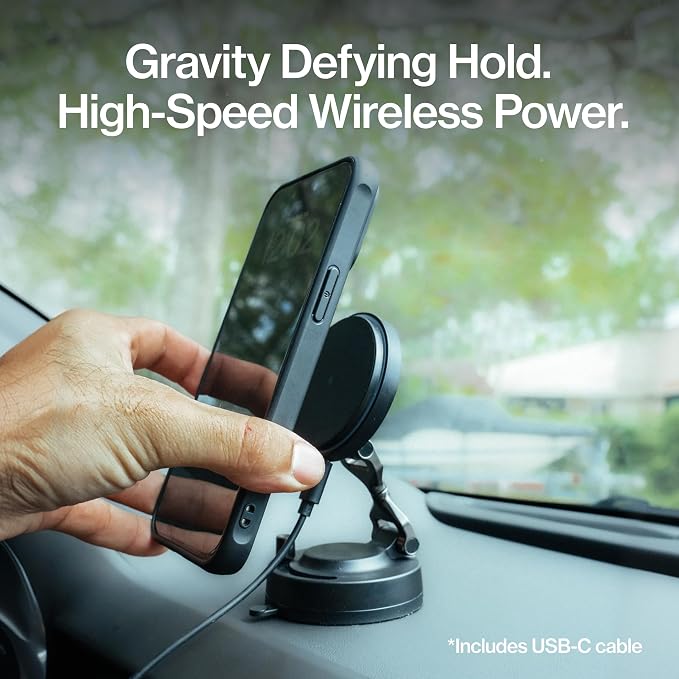 HyperMount Pro Phone Mount, Magnetic Phone Holder, 15W Wireless Charging, MagSafe Car Mount, Works on Smooth & Lightly Textured Surfaces, iPhone and Android Compatible, Charging Cable Included