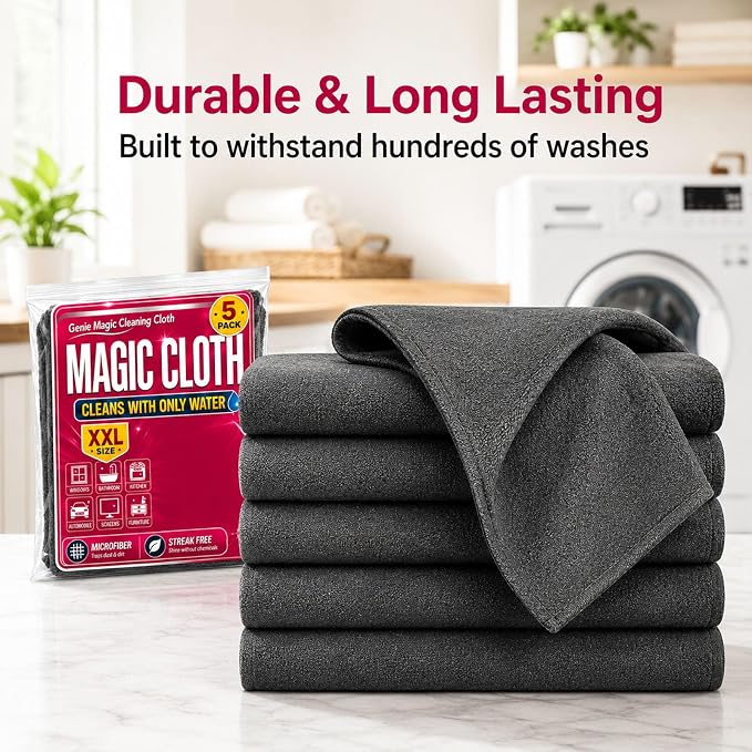 Genie Magic Cleaning Cloth 5 Pack, XXL Microfiber Magic Cloth for Stainless Steel, Glass, Mirrors, Windows, Kitchen, Bathroom, Car & Screens, Reusable Lint Free Streak Free Cleaning Towels (10 PCS)