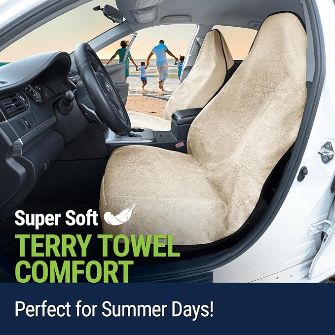Towel Seat Cover, Waterproof Car Seat Protectors for Gym, Workout & Active Lifestyle, Universal Fit for Car SUV Truck Van, Non-Slip 3 Strap Design, Machine Washable, 2 Pack Tan