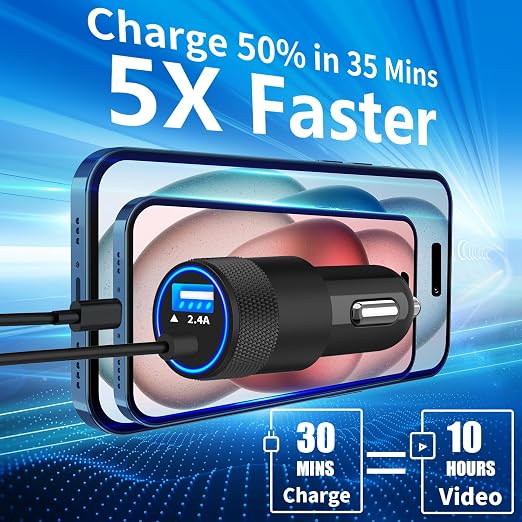 [Apple MFi Certified] iPhone 17 Car Charger Fast Charging, 4.8A USB Power Cigarette Lighter USB-C Car Charge + 6FT Type-C Coiled Cord for iPhone 17/17 Pro Max/16 Pro/15/Galaxy S26/S25/Pixel