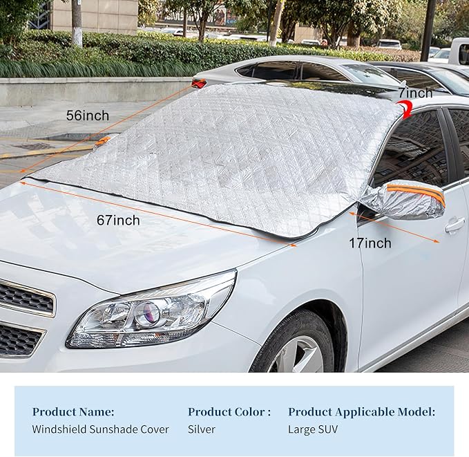 Car Windshield Snow Cover, 4-Layer Protection for Snow, Ice, Frost, Sunlight, Large Magnetic Car Windshield Cover with Side Mirror Protector Fit for Large Cars, SUV, Truck, Van in All Weather