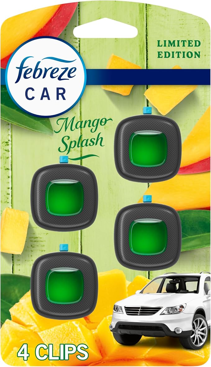 Car Air Freshener Vent Clip Multipack Mango Splash Scent, Long Lasting Smell Fighter for Strong Odors Car Clip Automotive Vent Air Freshener 4 Count