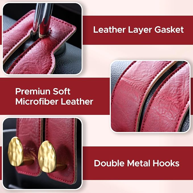 2PCS Leather Car Seat Hooks for Headrest, Vehicle Hanger Storage Organizer Universal for Handbag Purse, Car Accessories Gift (Red-Gold)