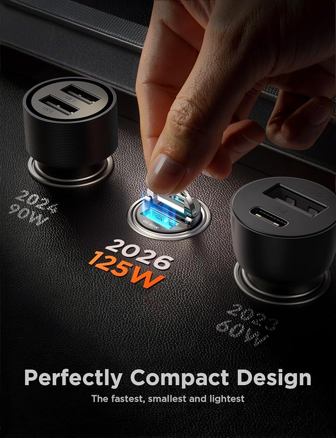 2-Pack USB C Car Charger [Flush & Pull Ring] 65W PD + 60W QC Dual-Port Car Cigarette Lighter Charger, Fast Car Charger for iPhone 17/16/15 Series, Galaxy S26/25/24, MacBook Air, iPad and More