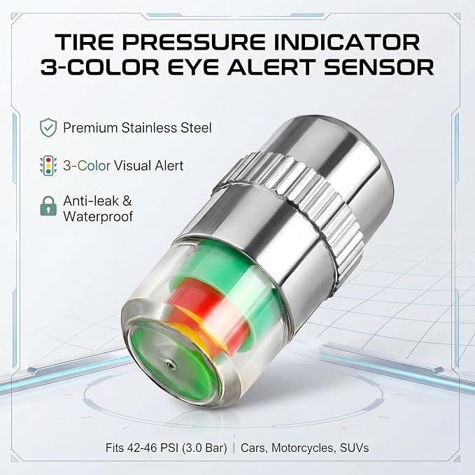 4Pcs Tire Pressure Monitor Valve Stem Caps, 3 Color Tire Pressure Indicator Valve Caps for Highway Driving Long Road Trip, 42-46 PSI 3.0Bar for Car Trailer Truck SUV