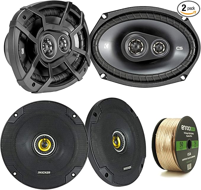 2 Pair Car Speaker Package of 2X Kicker CSC654 300-Watt 6.5" Inch 2-Way Black Coaxial Speakers + 2X CSC6934 450W 6x9 CS Series 3-Way Speakers - Bundle Combo with Enrock 50 Foot 14 Gauge Speaker Wire