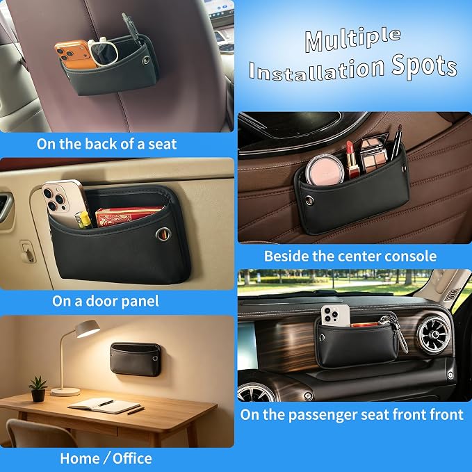 Car Seat Side Pocket Organizer, Nappa Leather Car Trunk Pouch Organizers and Storage, Small Car Side Seat Storage Bag for Auto Front Seat Back Seat Door Console Phone Sunglasses Cards Pen (Black-2PCS)