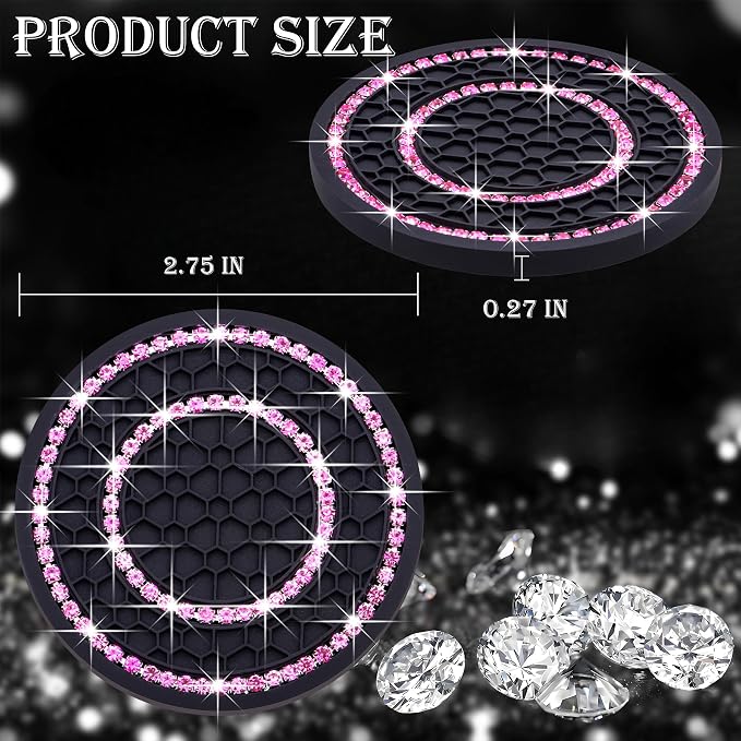 2PCS Bling Crystal Rhinestone Cup Coaster Insert, 2.75 inch Soft Silicone Anti-Slip Shockproof, Car Drink Holder Coaster, Universal Car Interior Accessories for Women (Black & Pink)